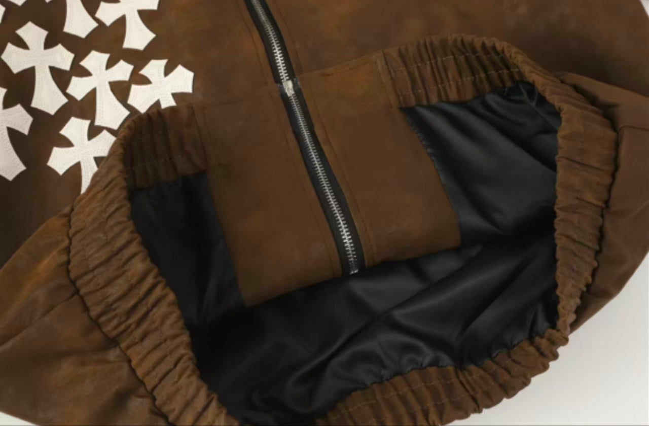 Cross Patch Suede Jacket - Brown Gothic Streetwear Outerwear 8833